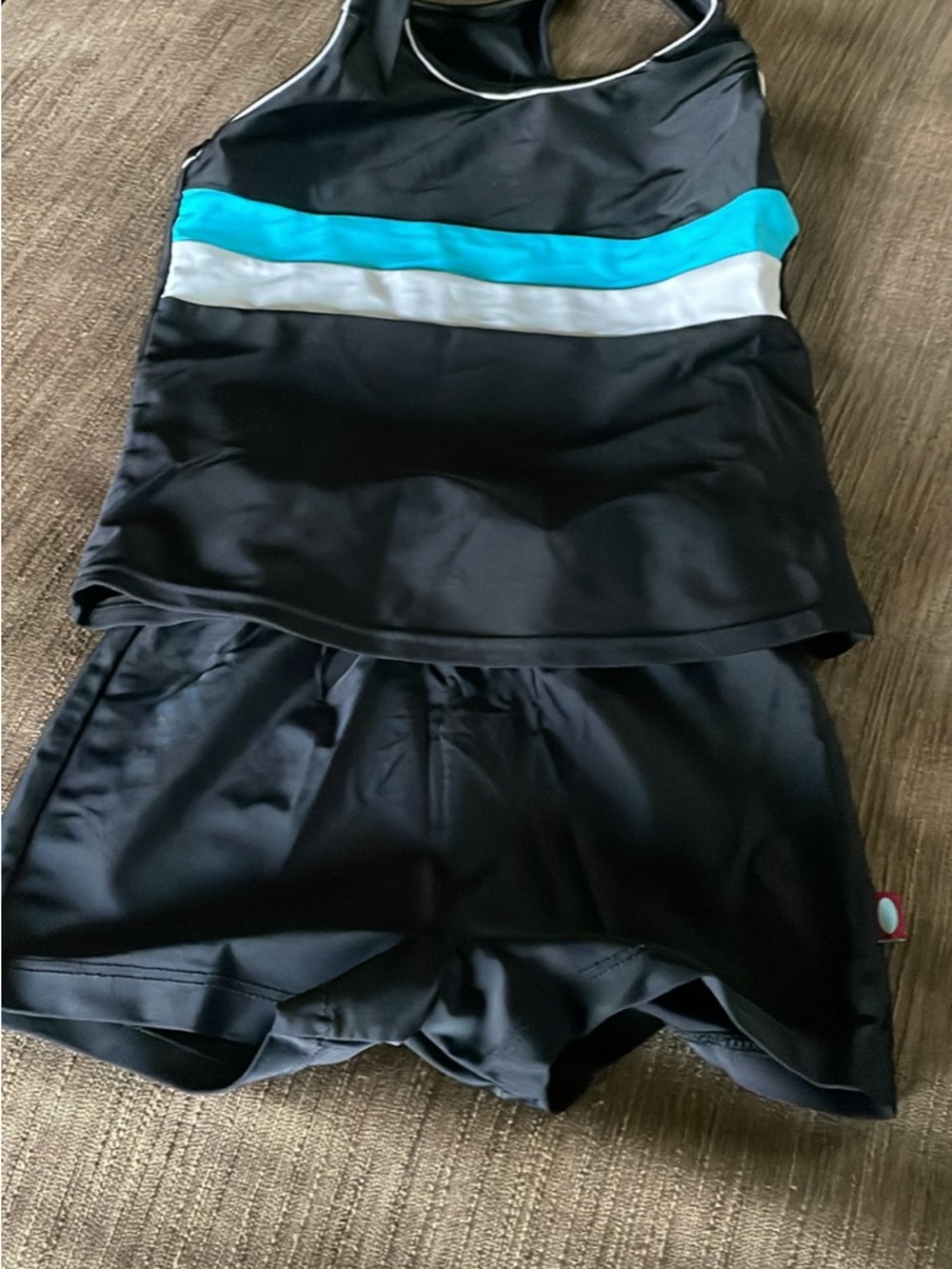 Amazon Kids Black Tankini with Teal and White Stripes